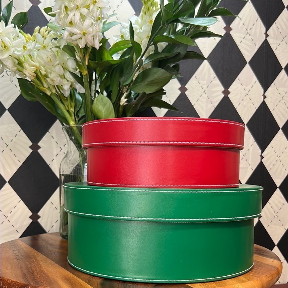 Nesting Leather Boxes Set of 2 – Red & Green – Cylindrical Storage -‎ Large